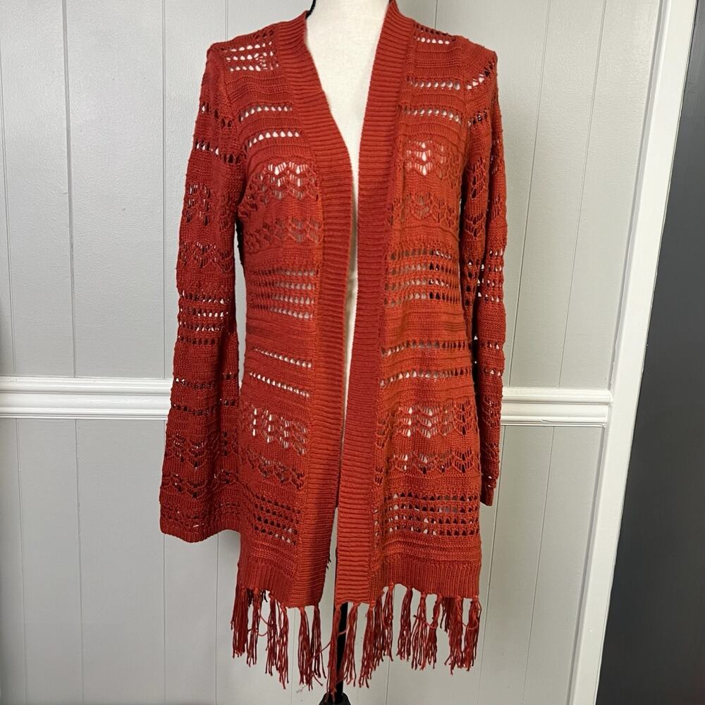 Alya Womens M Rust Open Knit Fringe Cardigan Boho Crochet Bell Sleeve